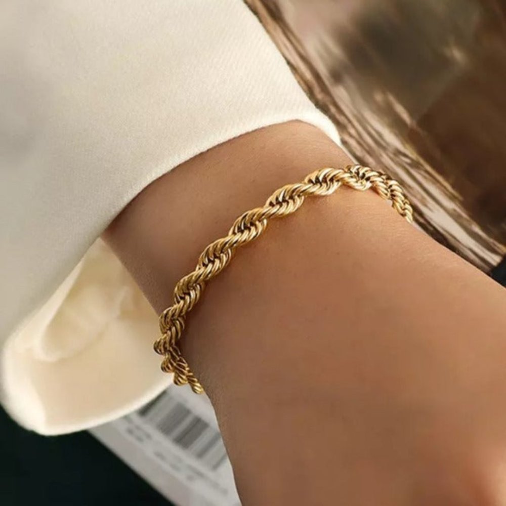 18K Gold Womens Braided Rope Bracelet 18 K Twisted Style Chain Jewelry 7" 7in